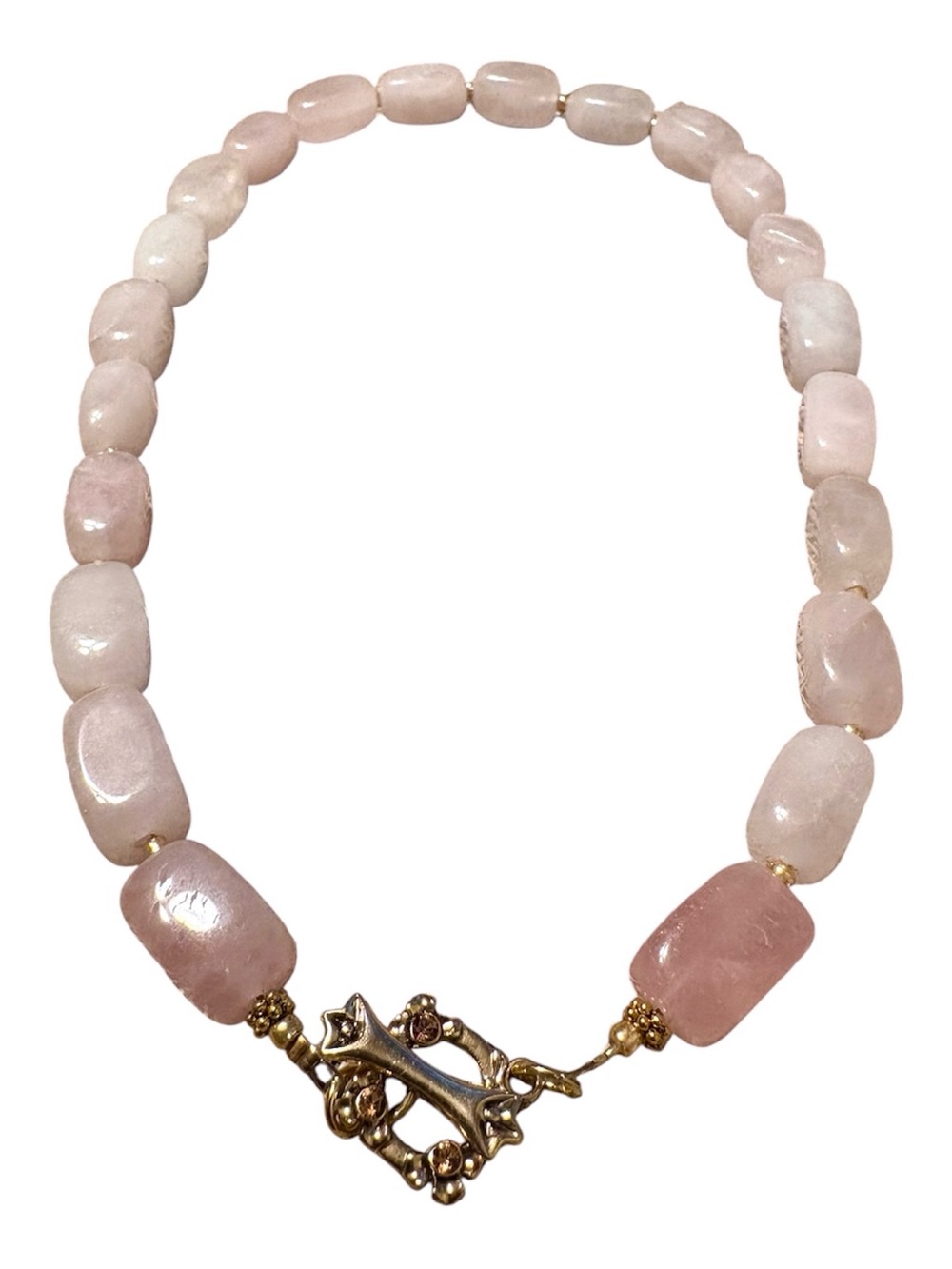 Pink Rose Quartz Gemstone Beaded Statement Necklace Gold Toggle Clasp Handmade - Picture 2 of 4